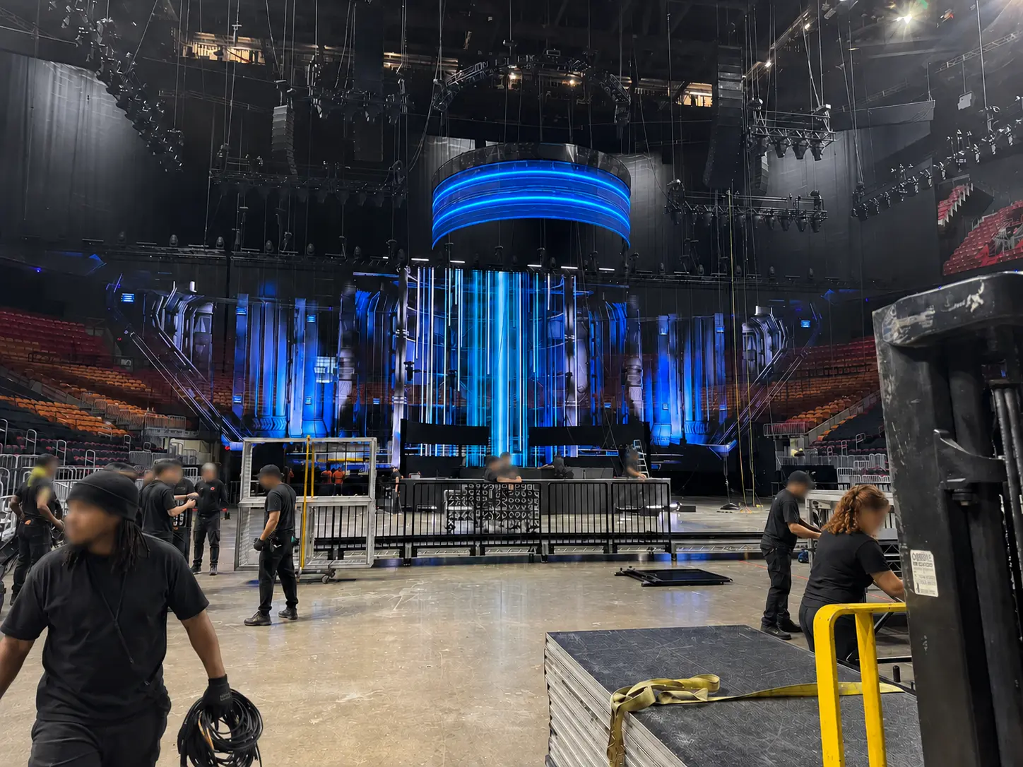 Large arena stage prepared for a major live event with production connectivity