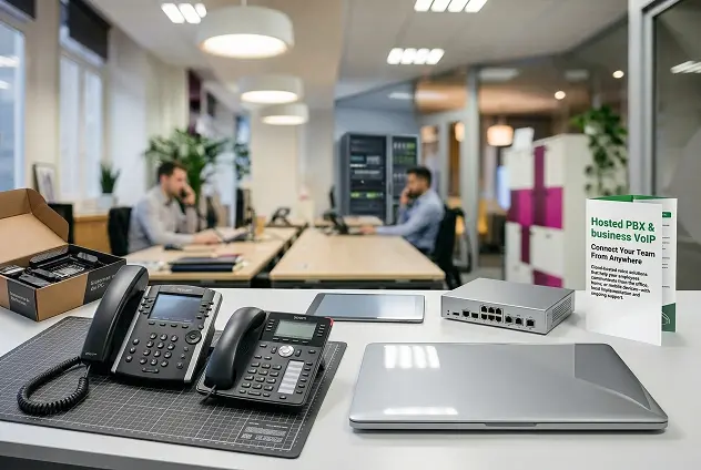 Business professional using a headset with AWBC hosted VoIP